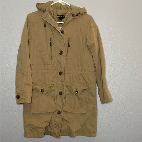 Eddie Bauer Tan Medium Weight Hooded Field Jacket Size Small Petite - Picture 1 of 11